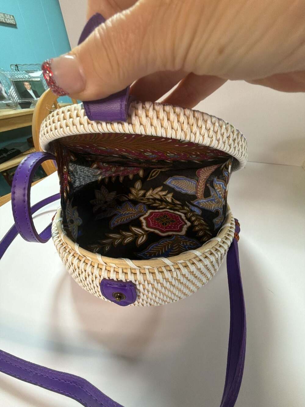 Handwoven Round Bali Rattan Crossbody Bag with Purple Butterfly Floral Decoupage - Picture 4 of 4